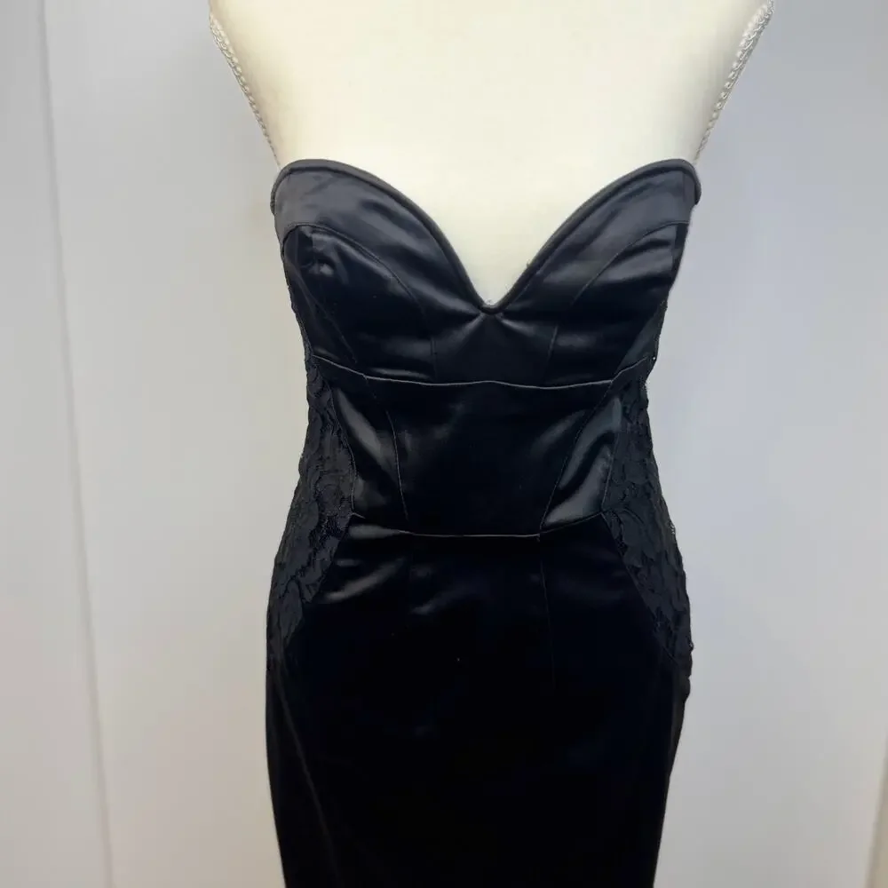 bebe Strapless Black Satin Lace Sheath Dress Women’s Medium Bodycon Bombshell - Picture 13 of 16